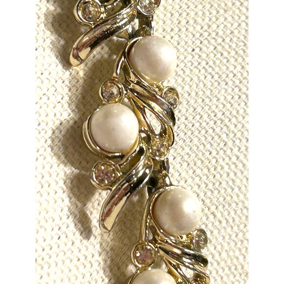 1970s Pearl Rhinestone Articulated Gold Tone Necklace 18" Sarah Cov Vintage - Picture 9 of 10
